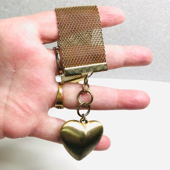 Vintage Brass Gold Electroplated Puff Heart Charm Wide Mesh Bracelet - Picture 9 of 14